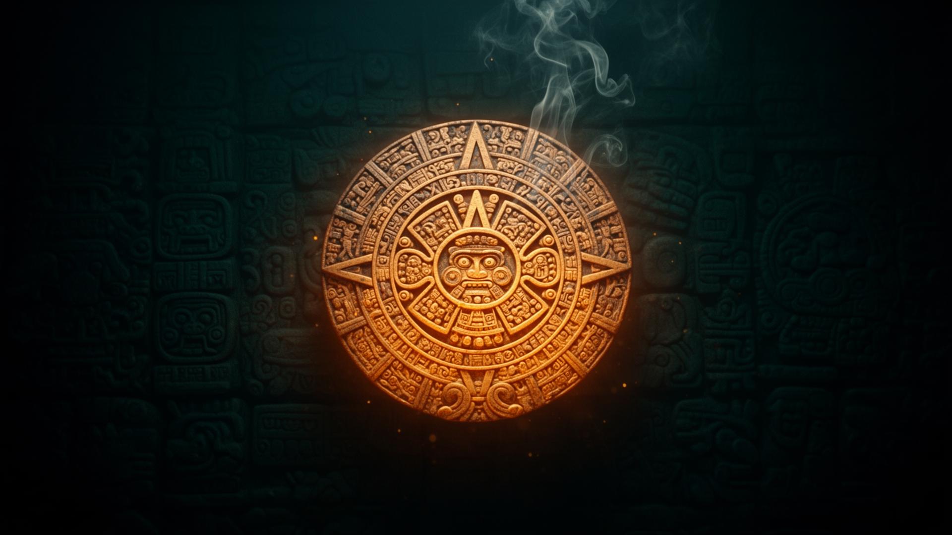 Símbolo solar maya y náhuatl grabado en piedra con luz dorada